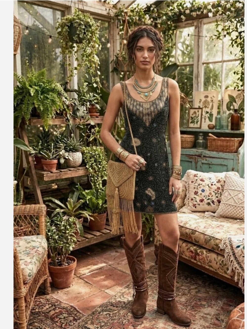 Free People - 90s VTG Zodiac Beaded Astrology Constellation Mesh Star Dress Silk
